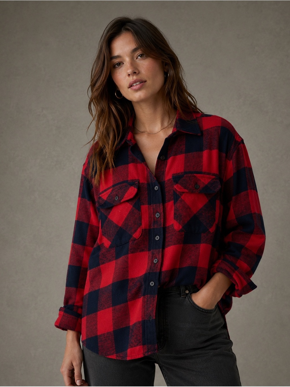 Aerie Red & Navy Plaid LumberJane Button Down | Oversized Flannel Shirt | Small